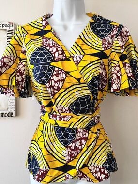 NWT Suakoko Betty African Ankara Print Festival Yellow Cotton Wrap Top Size L